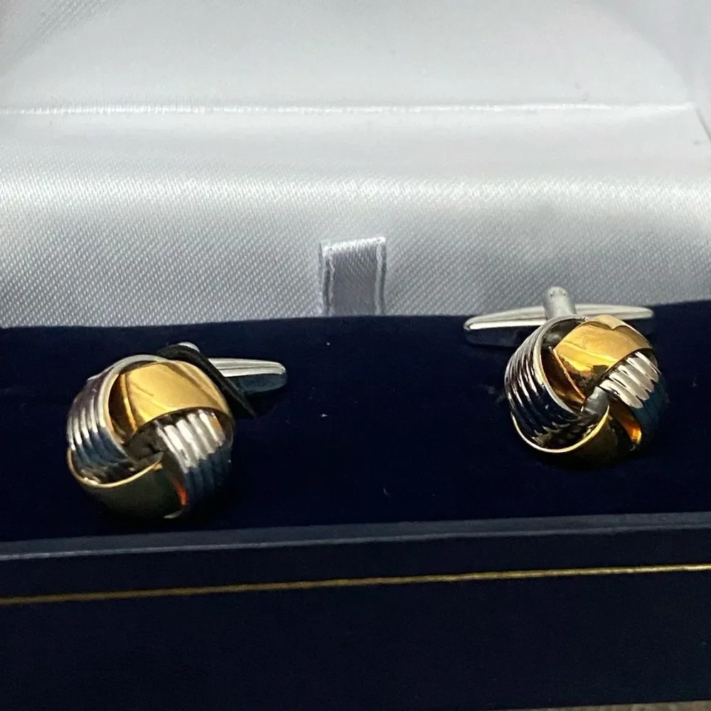 NWT Men's Cuff Links Knot Motif Gold Silver Metallic Business Nautical Wedding